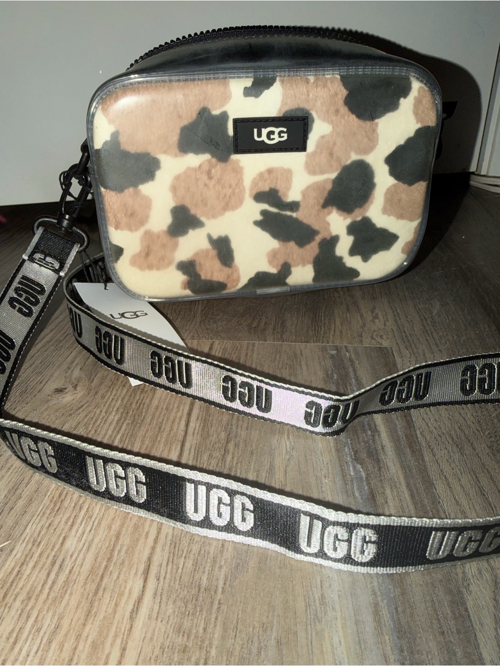UGG COW Print Crossbody in Cream, Tan & Black